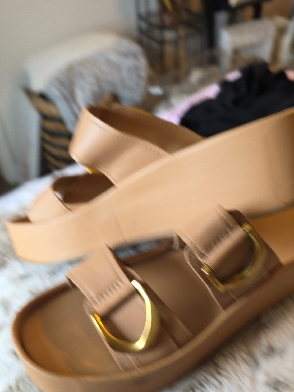 Dolce Vita Tan Slide Sandals with Gold Buckles - Picture 6 of 7